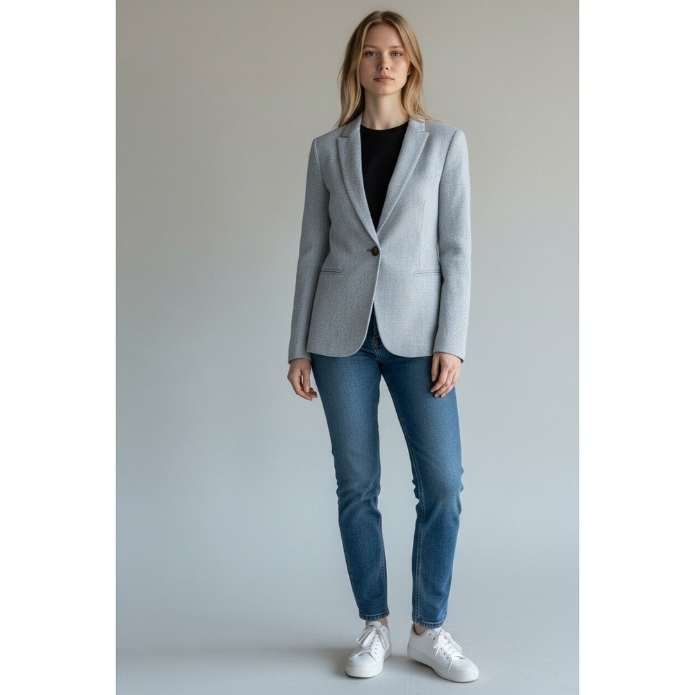 J Crew Blazer Womens 6 Blue Herringbone Linen Cotton One-Button Single Breasted